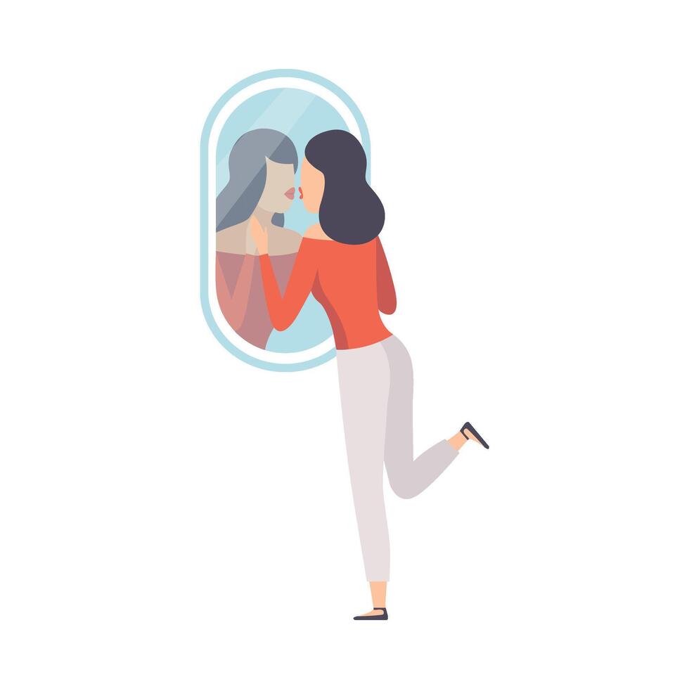 Narcissistic Woman Character Looking at Mirror and Kissing Her Reflection in Mirror, Girl Overestimate Herself, Self Confidence, Motivation Illustration vector