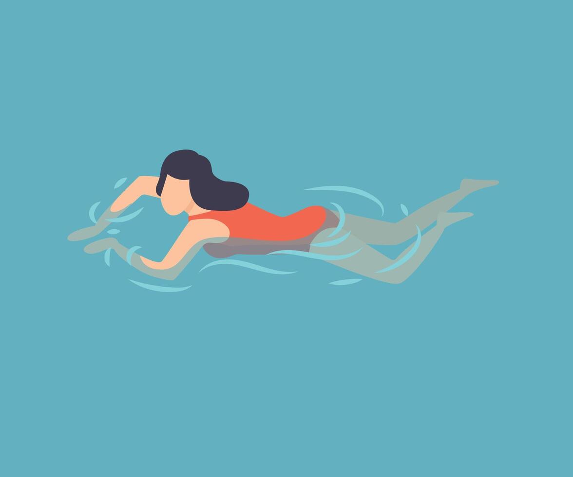 Brunette Girl in Red Swimsuit Swimming in Water, Woman Relaxing in the Sea, Ocean or Swimming Pool, Summer Outdoor Activities Illustration vector