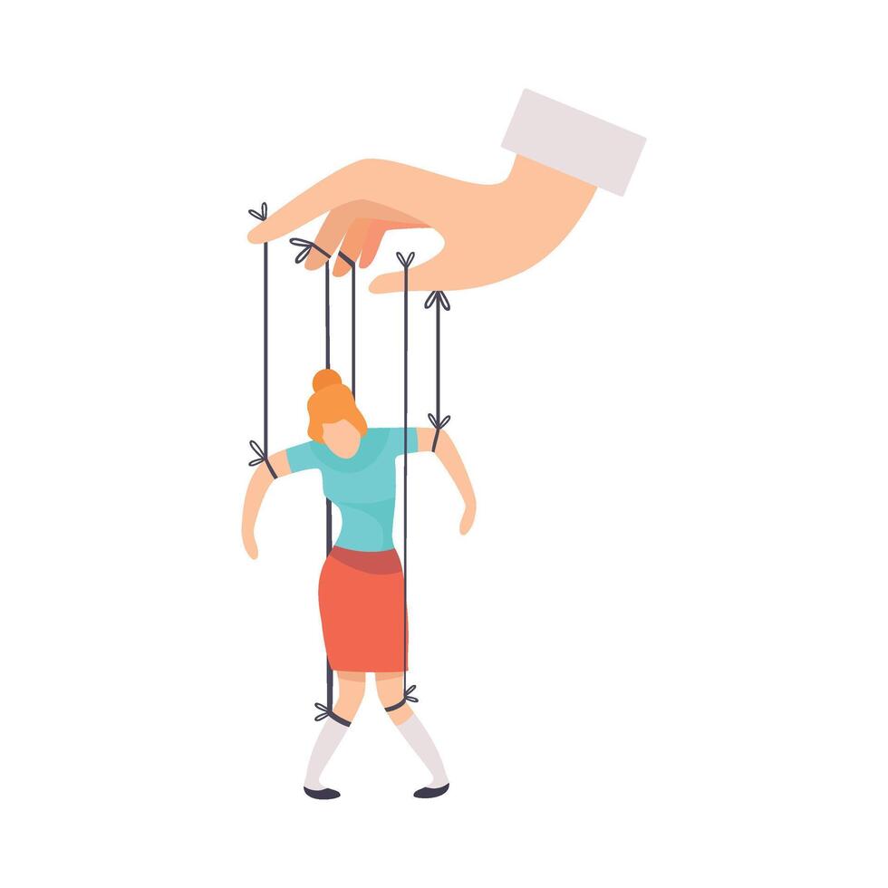 Female Marionette on Ropes Controlled by Hand, Manipulation of People Concept Illustration vector