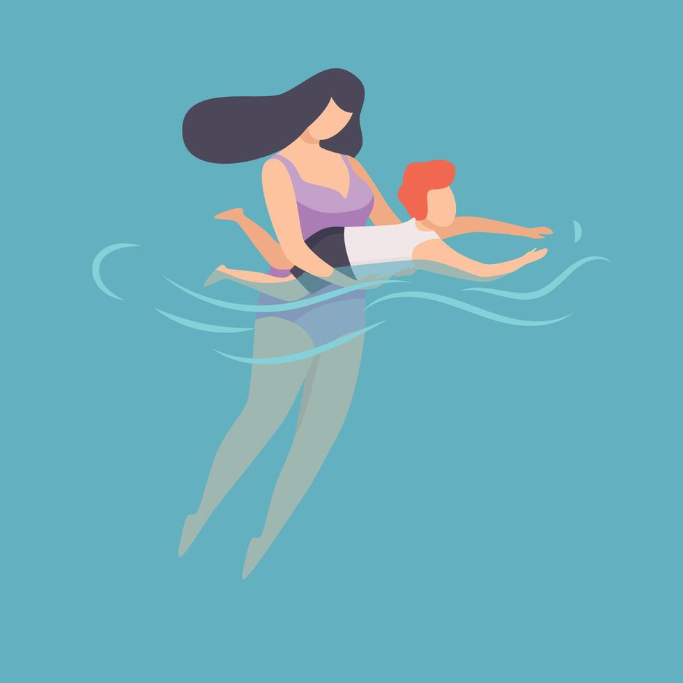 Mother Teaching To Swim Her Little Son, Happy Mom and Son Relaxing in the Sea, Ocean or Swimming Pool at Summer Vacation Illustration vector