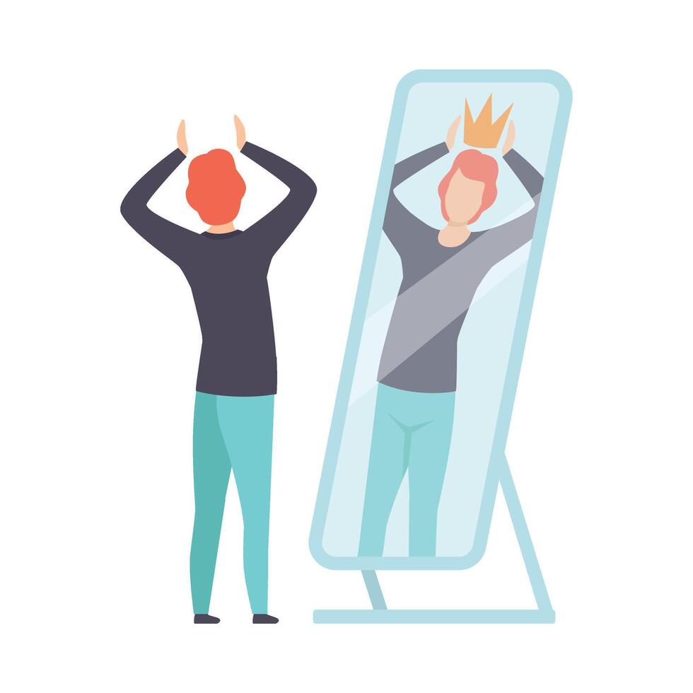 Narcissistic Man Character Looking at Mirror and Seeing in Reflection of Himself with Crown on His Head, Person Overestimate Himself, Self Confidence, Motivation Illustration vector