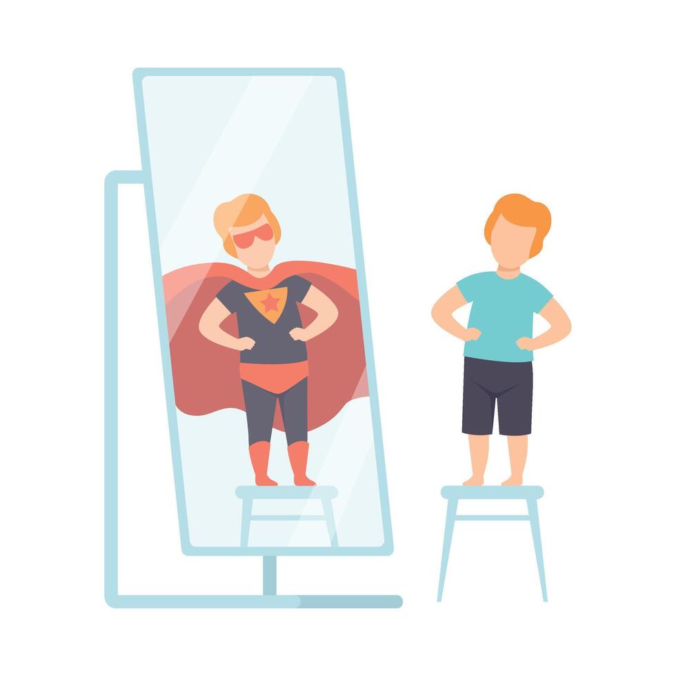 Narcissistic Man Character Looking at Mirror and Seeing Superhero, Person Overestimate Himself, Self Confidence, Motivation Illustration vector