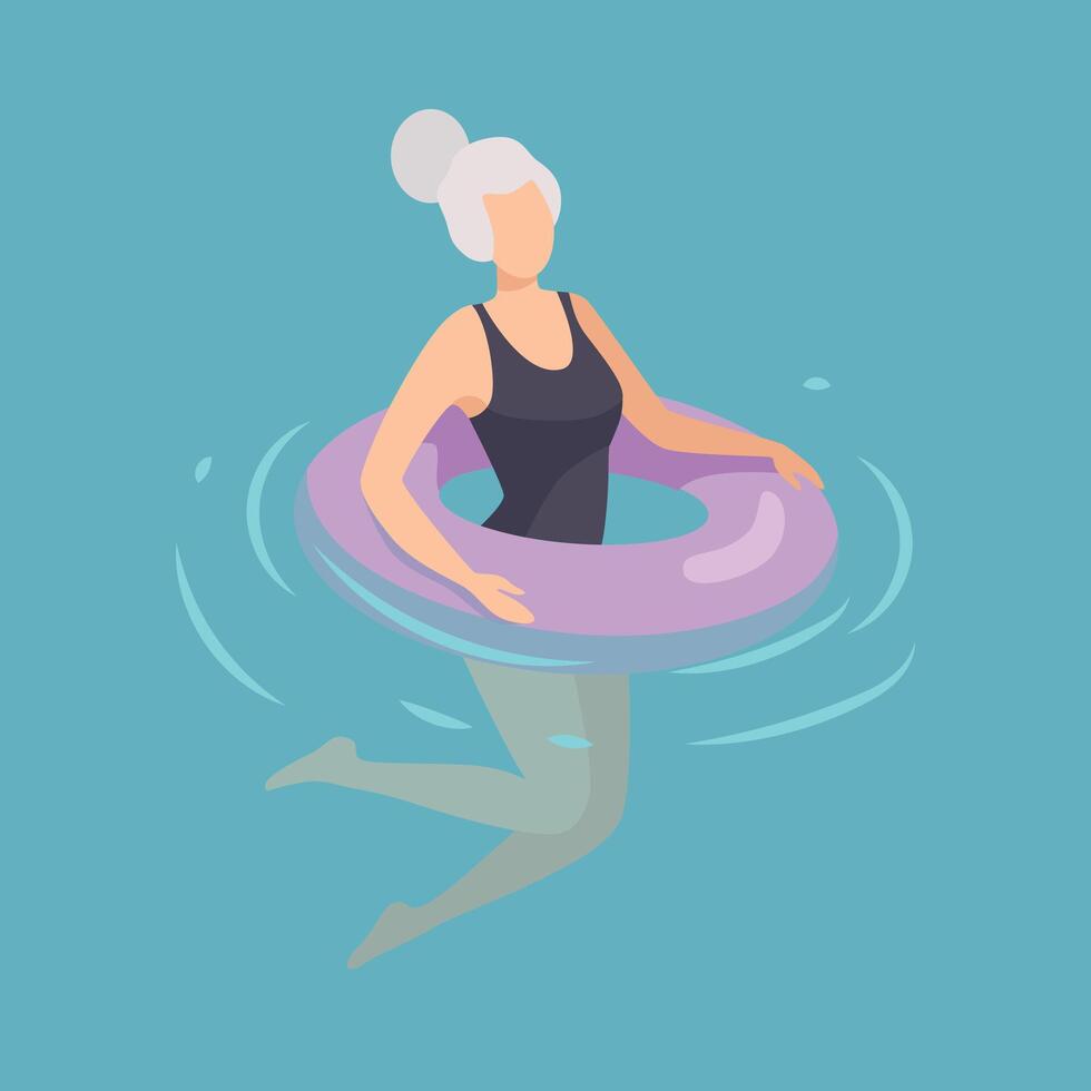 Woman Floating on Inflatable Ring, Woman in Black Swimsuit Relaxing in the Sea, Ocean or Swimming Pool at Summer Vacation Illustration vector
