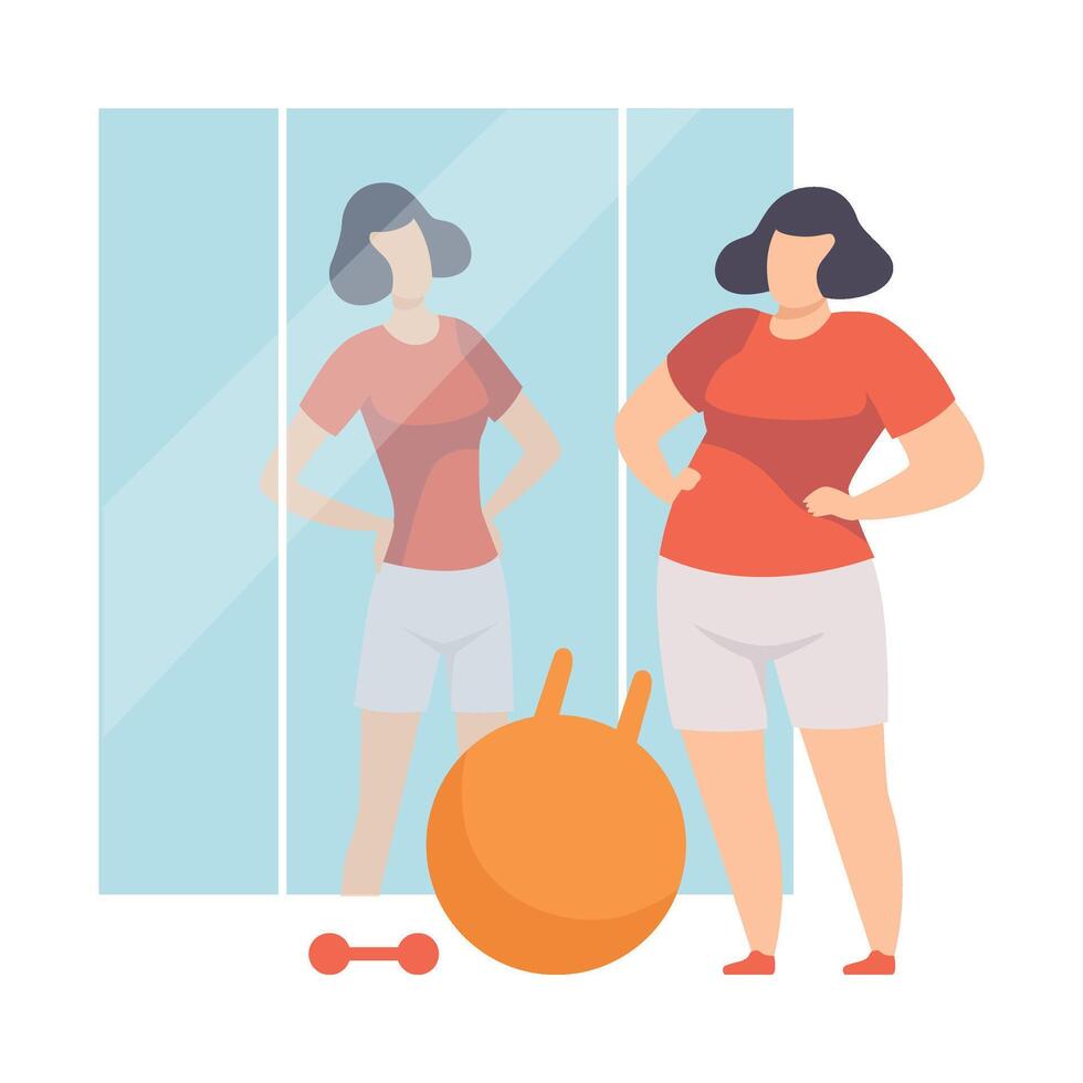 Narcissistic Woman Character Looking at Mirror and Seeing in Reflection Slim Beautiful Woman, Girl Overestimate Herself, Self Confidence, Motivation Illustration vector