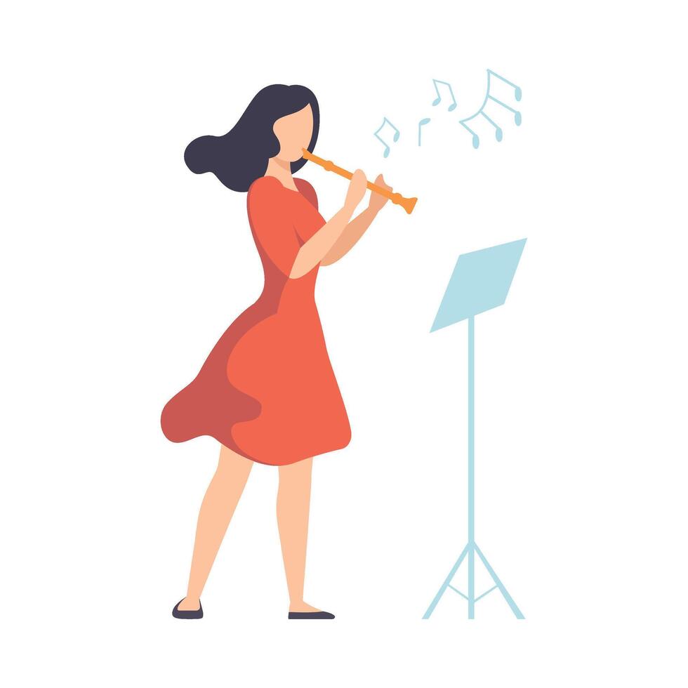 Woman in Red Dress Playing Flute Illustration vector