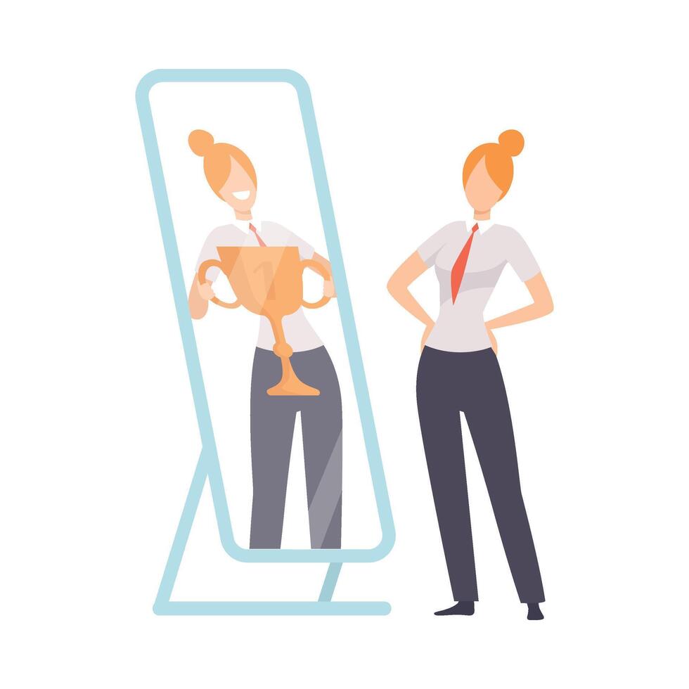 Narcissistic Woman Character Looking at Mirror and Seeing in Reflection of Herself with Winner Cup, Girl Overestimate Herself, Self Confidence, Motivation Illustration vector