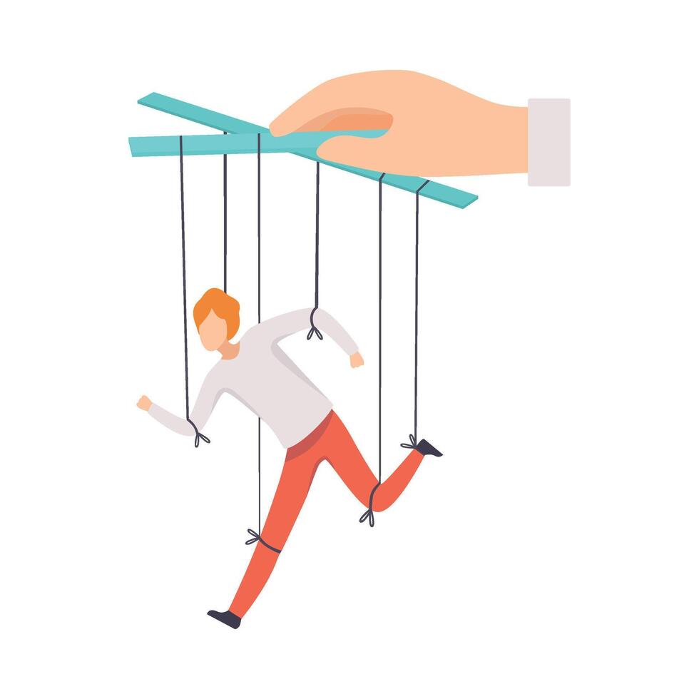 Male Marionette on Ropes Controlled by Hand, Manipulation of People Concept, Running Male Manager under Boss Influence Illustration vector