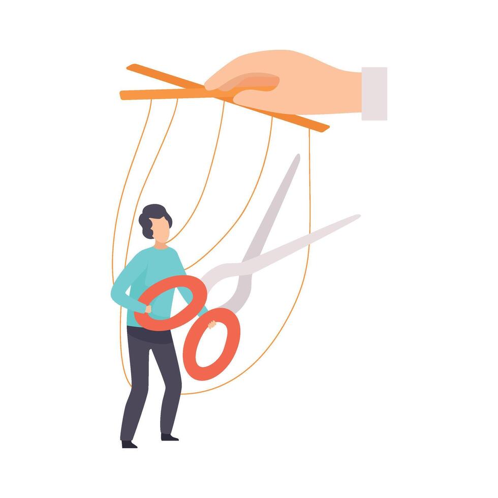 Male Marionette on Ropes Controlled by Hand, Man Trying to Tie Ropes with Scissors, Manipulation of People Concept Illustration vector