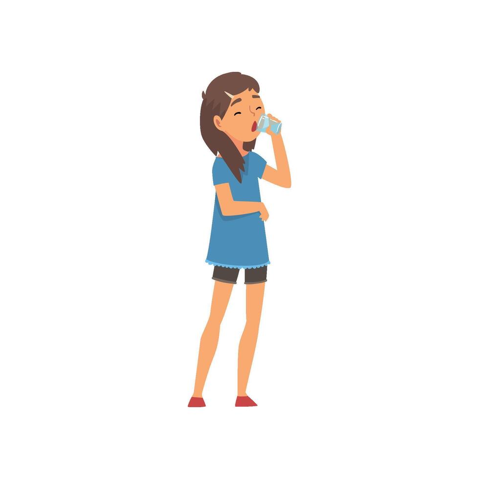Girl Drinking Glass of Water, Kid Enjoying Drinking of Fresh Clean Water Illustration vector
