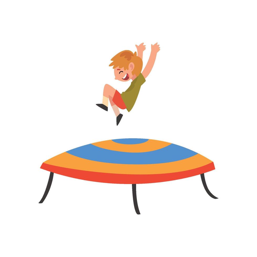 Happy Boy Jumping on Trampoline, Smiling Little Kid Bouncing and Having Fun Cartoon Illustration vector