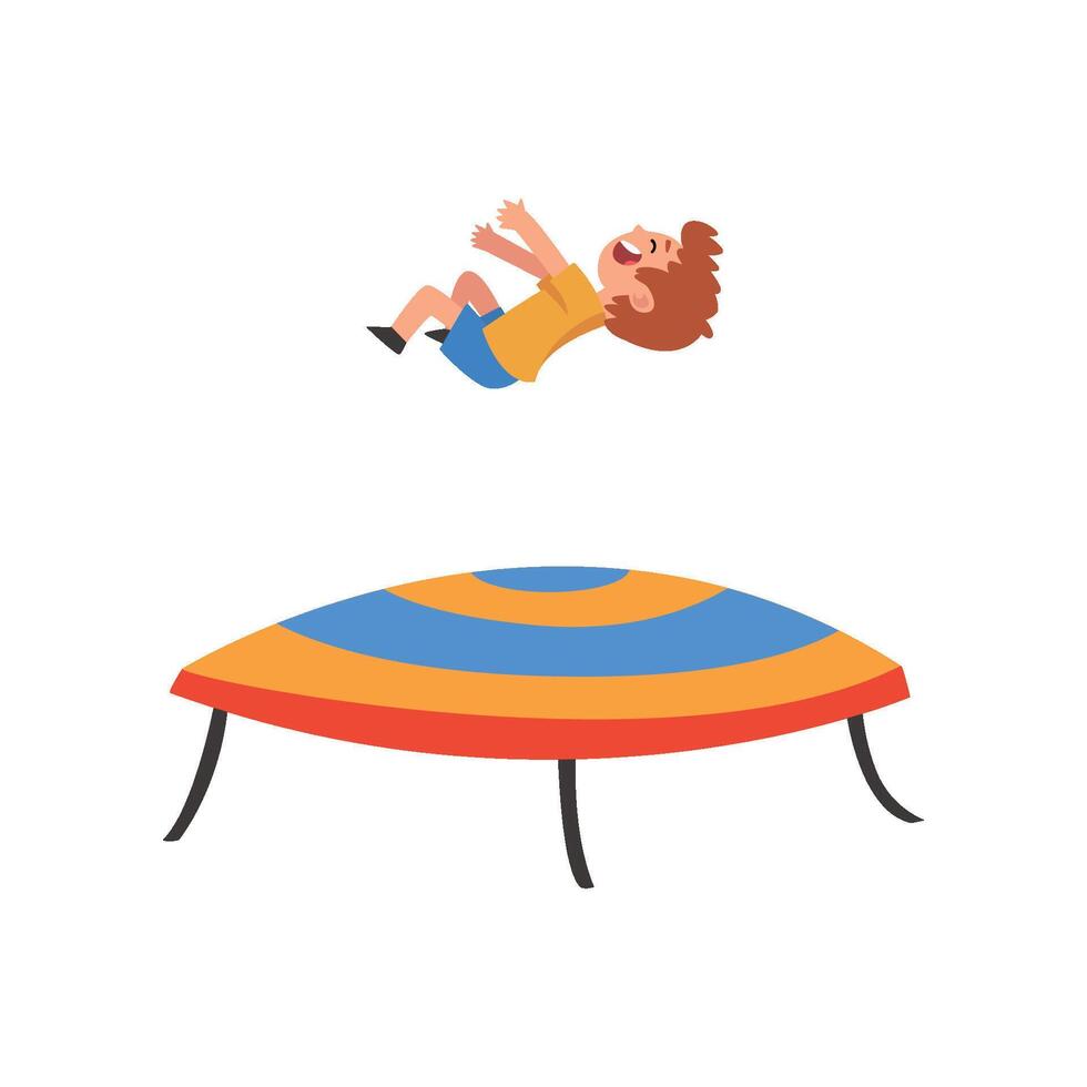 Cute Happy Boy Jumping on Trampoline, Smiling Little Kid Bouncing and Having Fun Cartoon Illustration vector