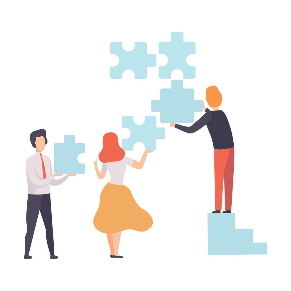 Business Team, Office Colleagues Connecting Puzzle Elements, People Working Together in Company, Teamwork, Cooperation, Partnership Illustration vector