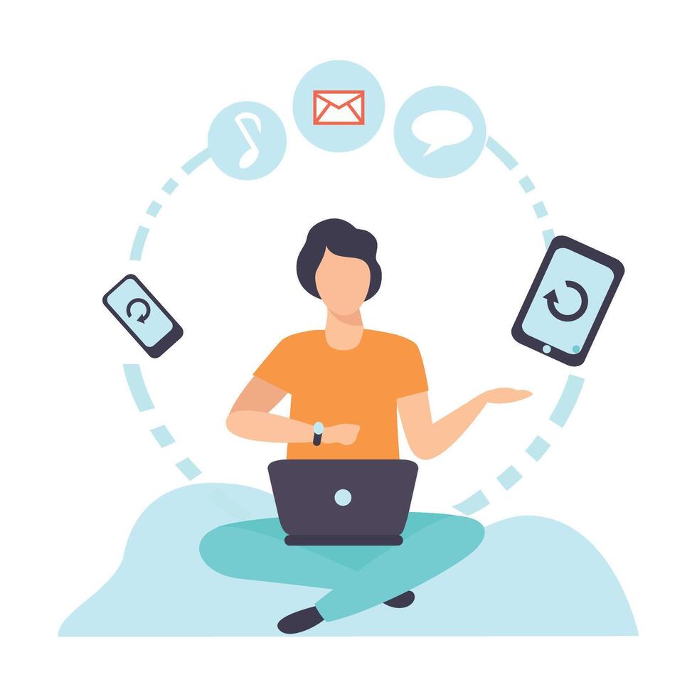 Young Man Communicating Via Internet Using Mobile Devices, Guy Chatting, Writing Emails or Searching for Information, Social Networking Illustration vector