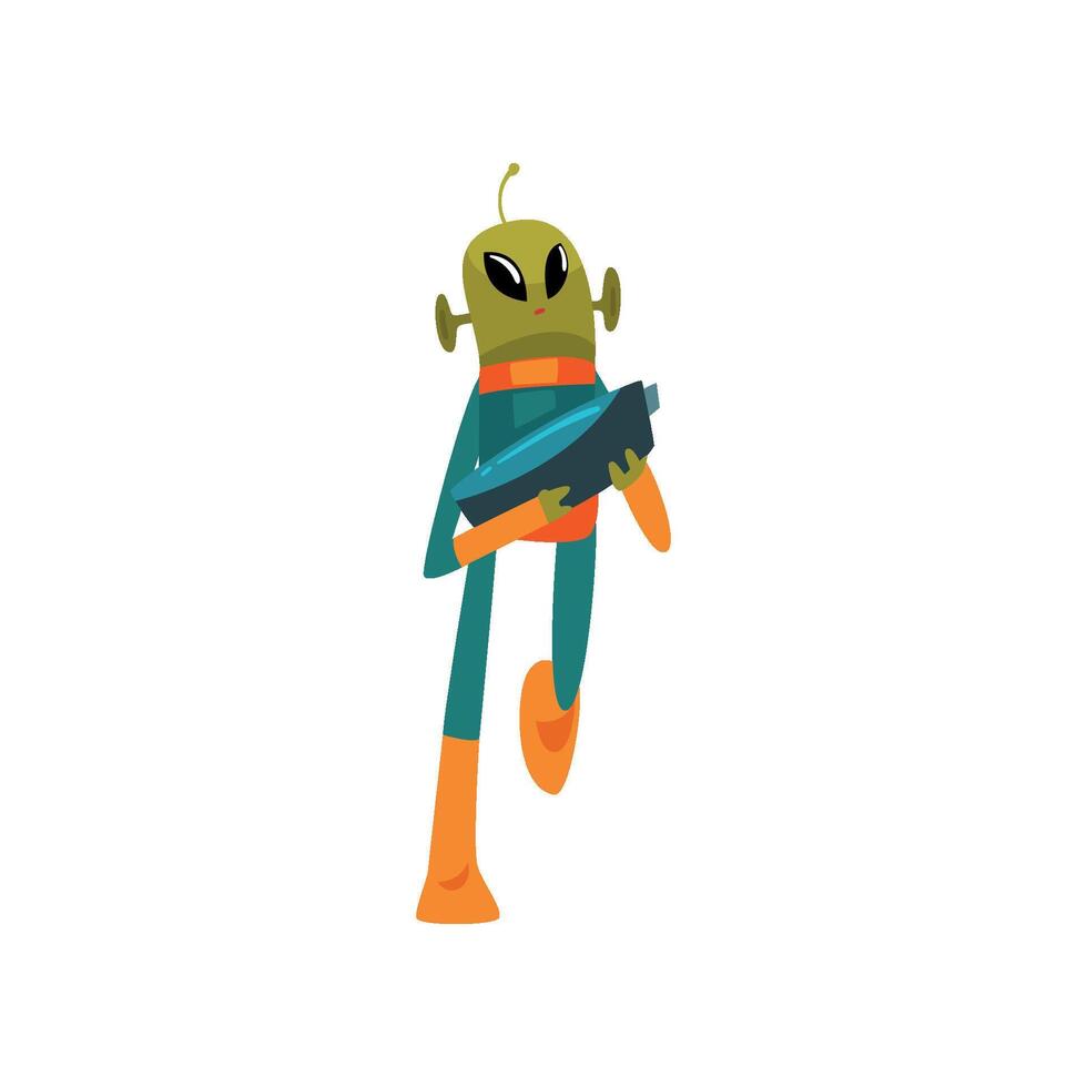 Funny Green Alien with Blaster, Humanoid Cartoon Character with Big Eyes Oval Shape and Small Antenna Wearing Space Suit Illustration vector