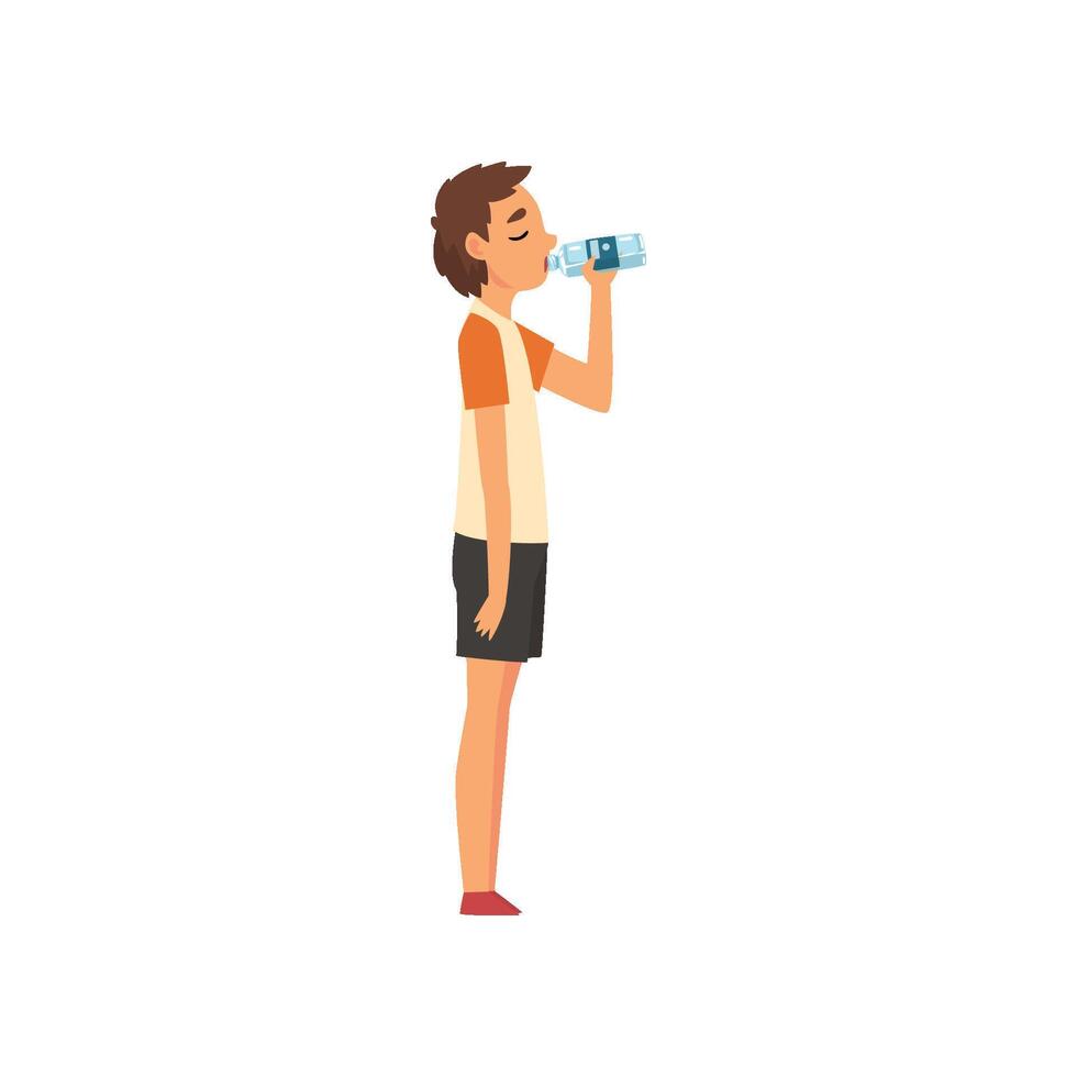 Teen Boy Drinking Water from Plastic Bottle, Kid Enjoying Drinking of Fresh Clean Water Illustration vector