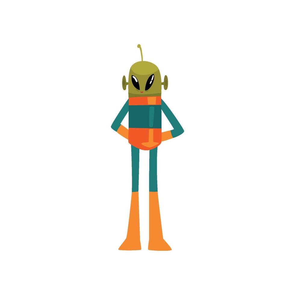 Funny Green Alien, Humanoid Cartoon Character with Big Eyes Oval Shape and Small Antenna Wearing Space Suit Illustration vector