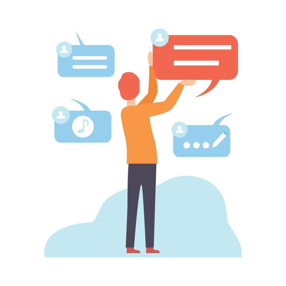 Man Working with Files, Cloud Data Storage, Modern Digital Technologies, People Communicating Via Internet, Social Networking Illustration vector