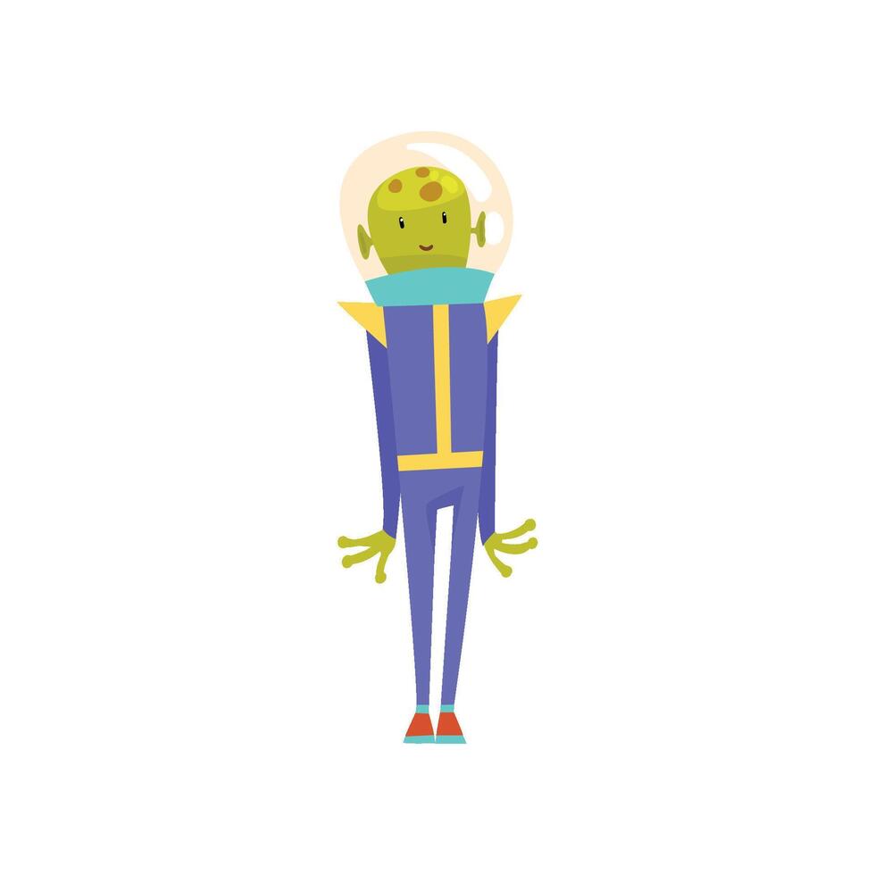Cute Friendly Green Alien, Funny Humanoid Cartoon Character in Blue Space Suit and Helmet Illustration vector