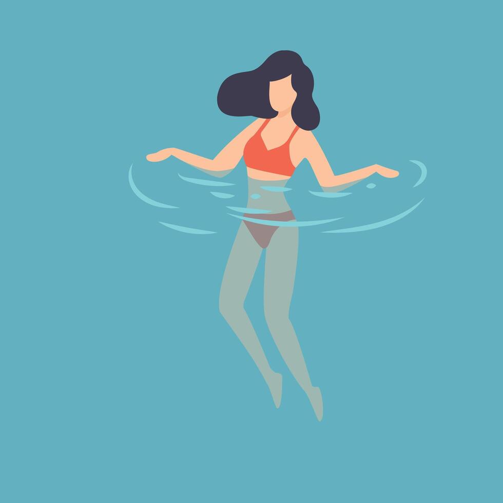 Brunette Girl in Red Swimsuit Swimming in Water, Woman Relaxing in the Sea, Ocean or Swimming Pool, Summer Outdoor Activities Illustration vector