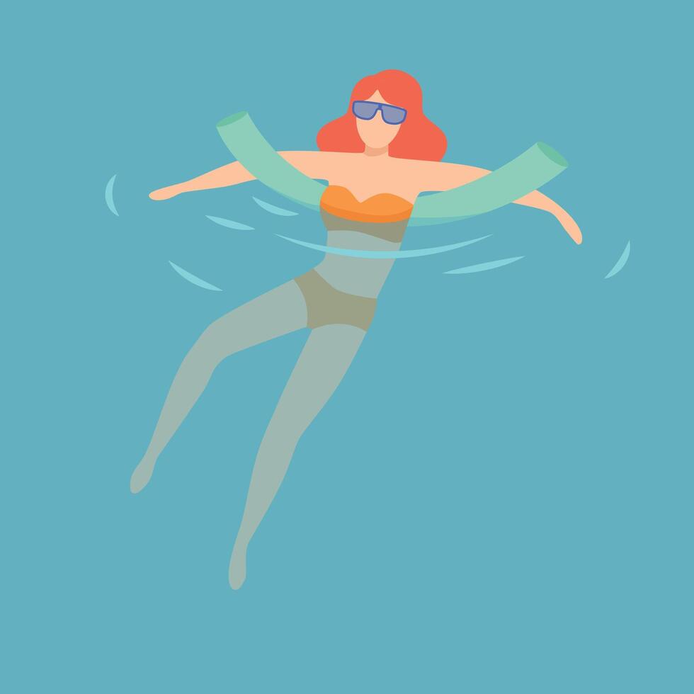 Woman in Sunglasses Floating in Water, Woman Relaxing in the Sea, Ocean or Swimming Pool at Summer Vacation Illustration vector
