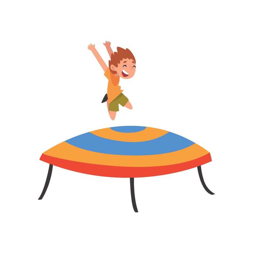 Cute Boy Jumping on Trampoline, Happy Little Kid Bouncing and Having Fun on Trampoline Cartoon Illustration vector