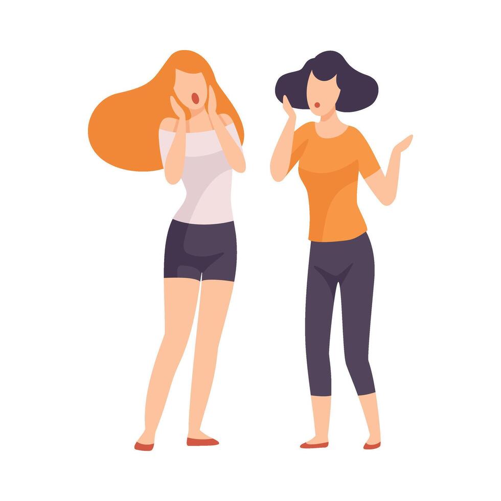 Two Young Women Dressed in Casual Clothing Gossiping, People Speaking to Each Other Illustration vector