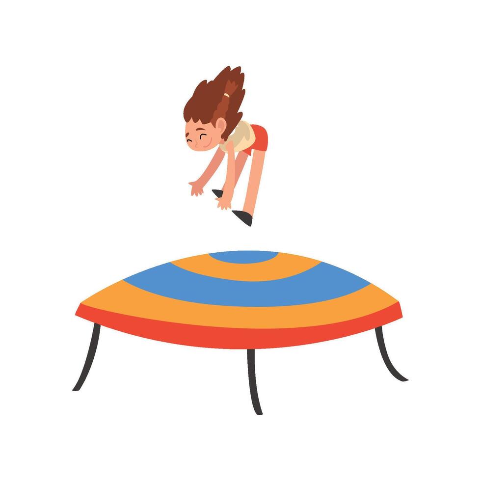 Happy Girl Jumping on Trampoline, Smiling Little Kid Bouncing and Having Fun on Trampoline Cartoon Illustration vector