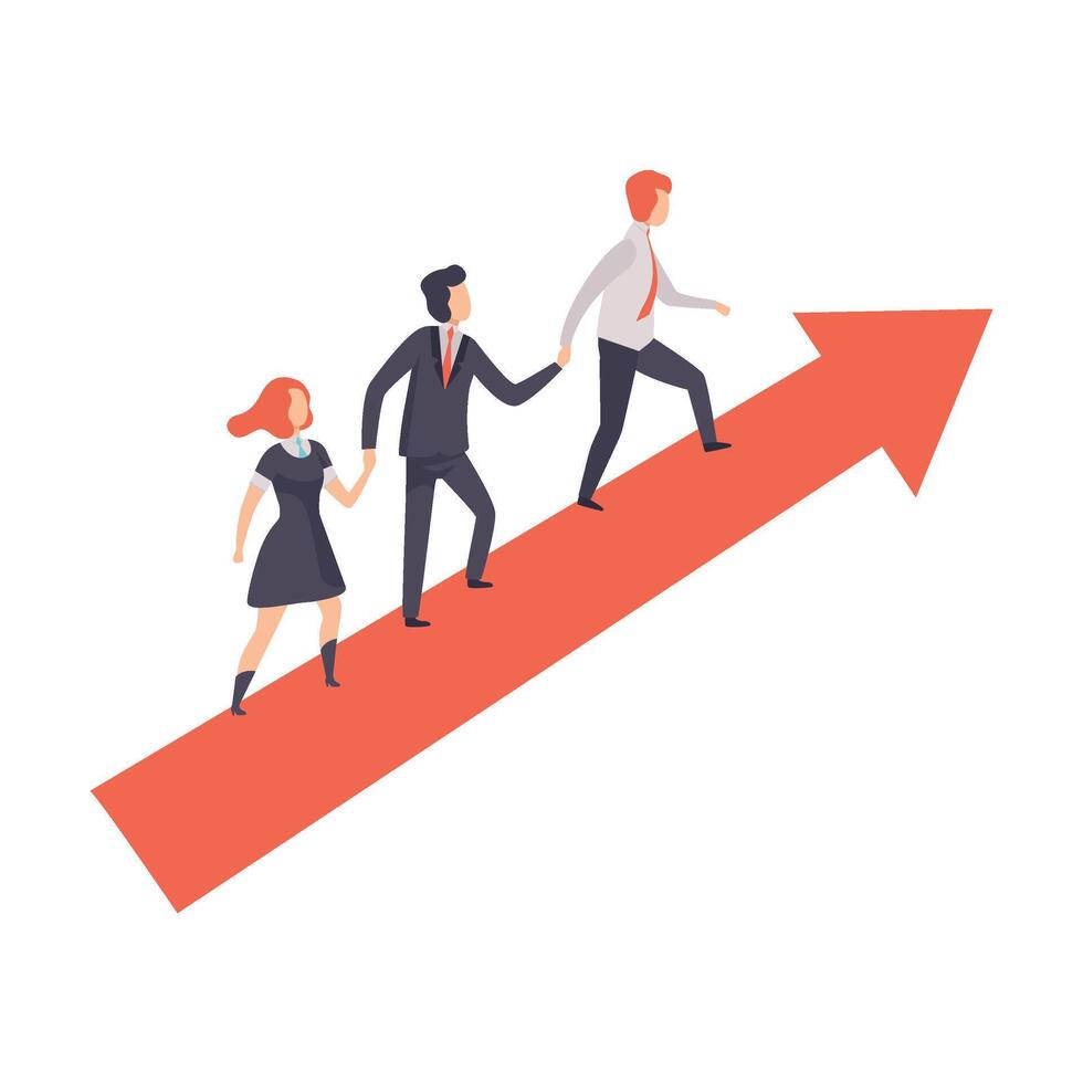 Business People Walking to Goal Along Growth Red Arrow Graph, Successful Business Team, Teamwork, Cooperation, Partnership Illustration vector