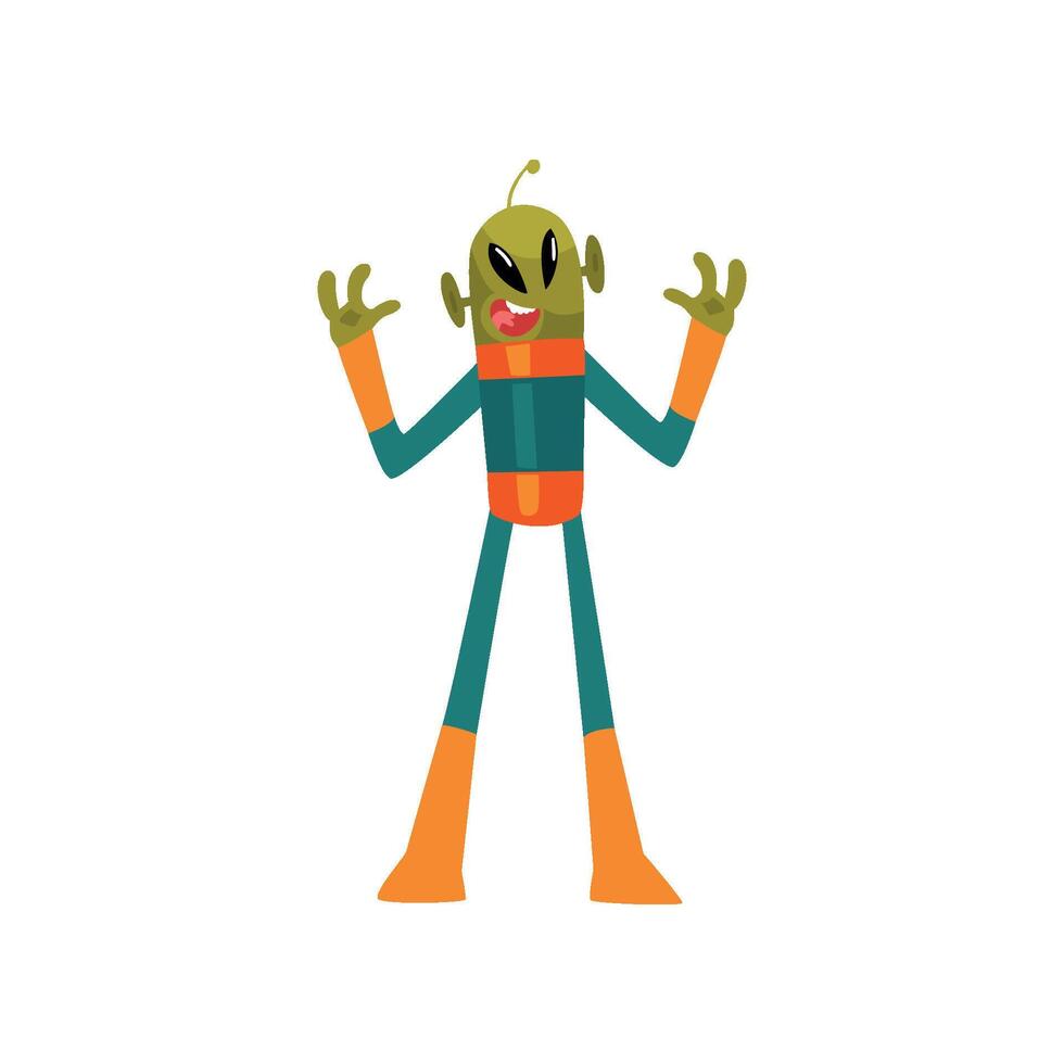 Scary Green Alien, Humanoid Cartoon Character with Big Eyes Oval Shape and Small Antenna Wearing Space Suit Illustration vector