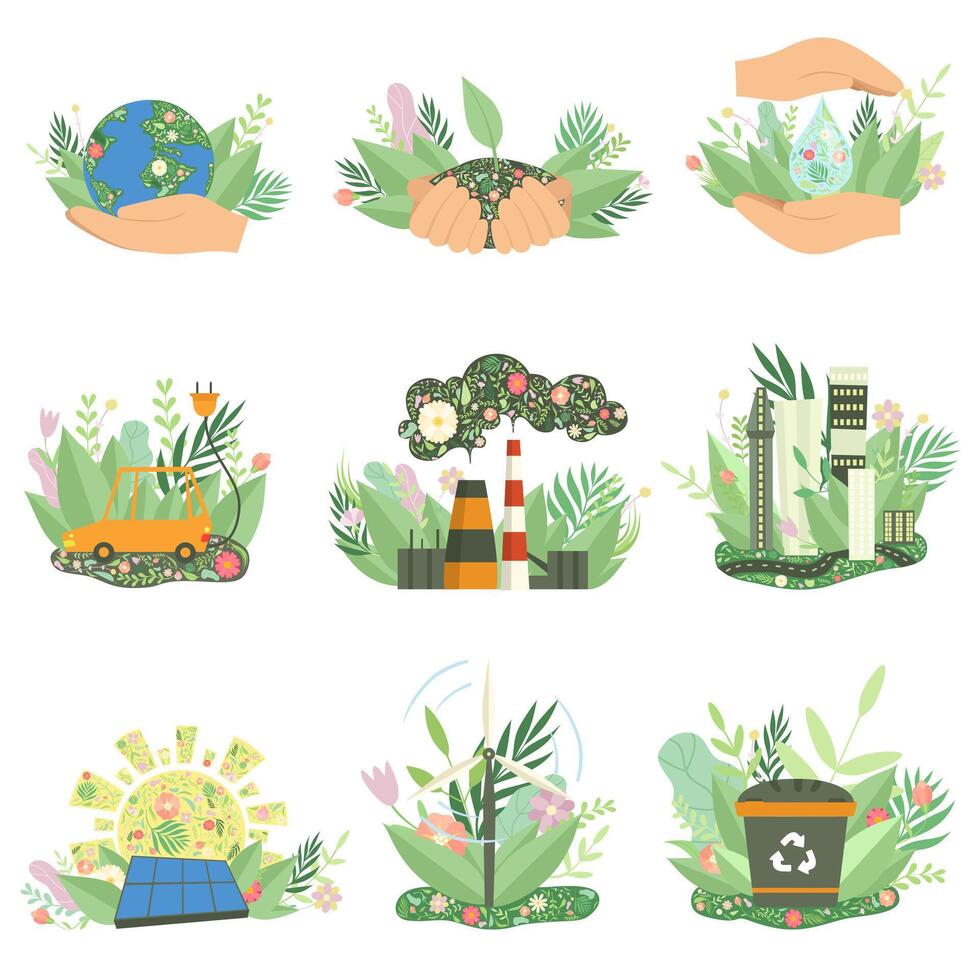 Environmental Protection, Alternative and Renewable Energy Resources Signs Set, Ecology Concept Illustration vector