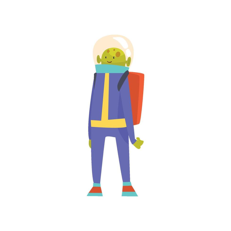 Friendly Green Alien Standing with Jetpack, Funny Humanoid Cartoon Character in Blue Space Suit and Helmet Illustration vector