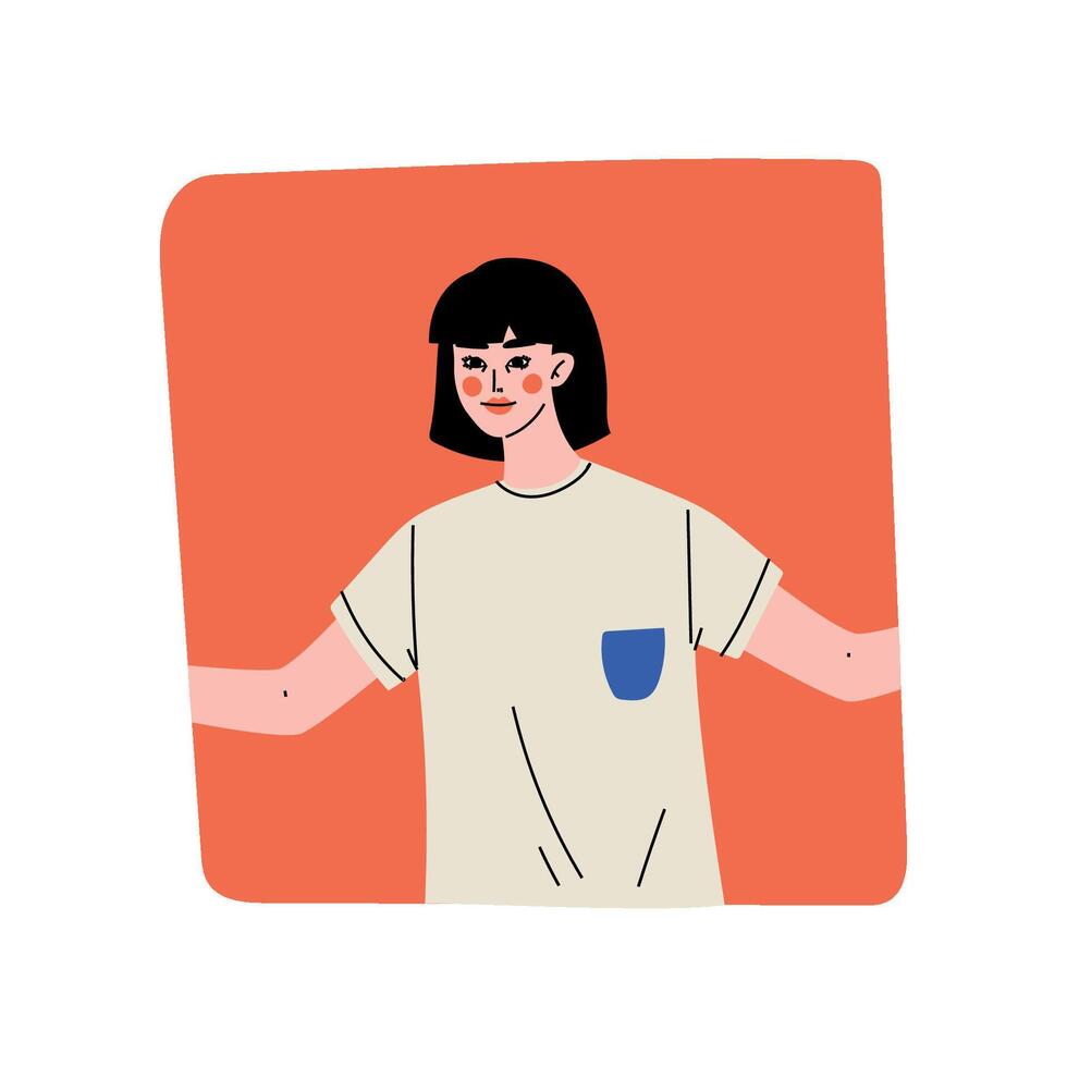 Brunette Girl Looking Out of Red Square Window Illustration vector