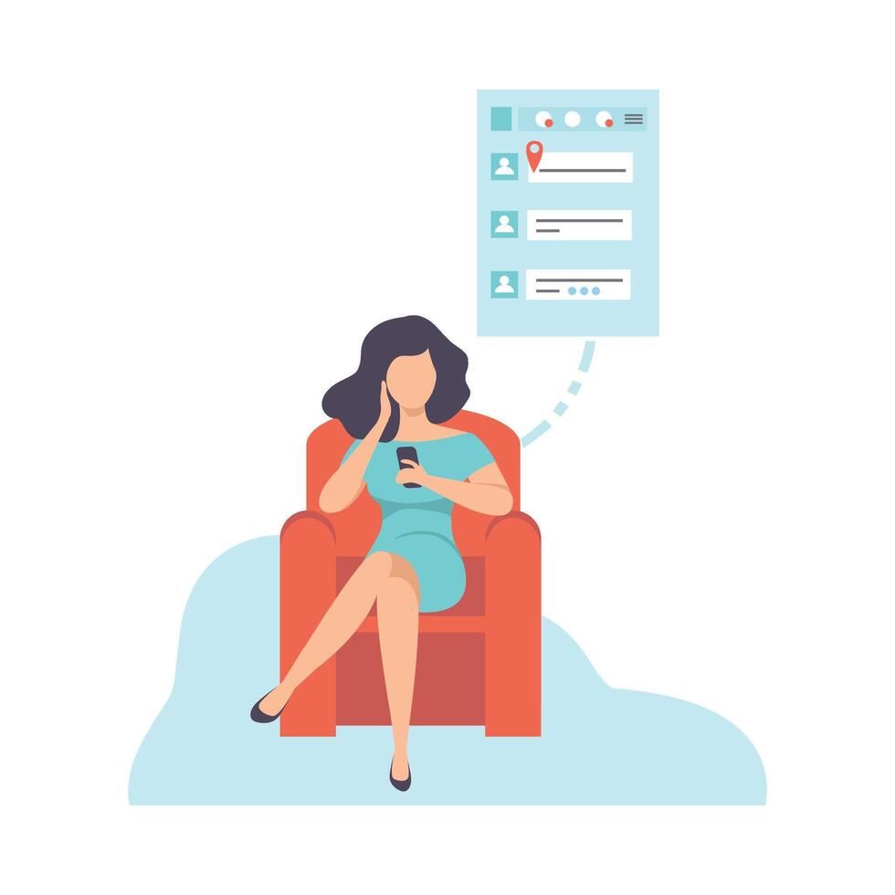 Young Woman Sitting on Sofa and Chatting Using Smartphone, Girl Communicating Via Internet with Mobile Device, Social Networking Illustration vector