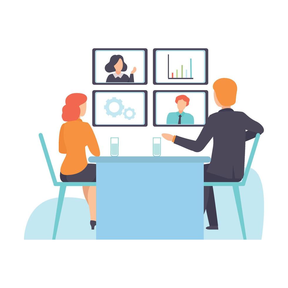 Online Business Meeting, Presentation, Professional Training, People Communicating Via Internet Illustration vector
