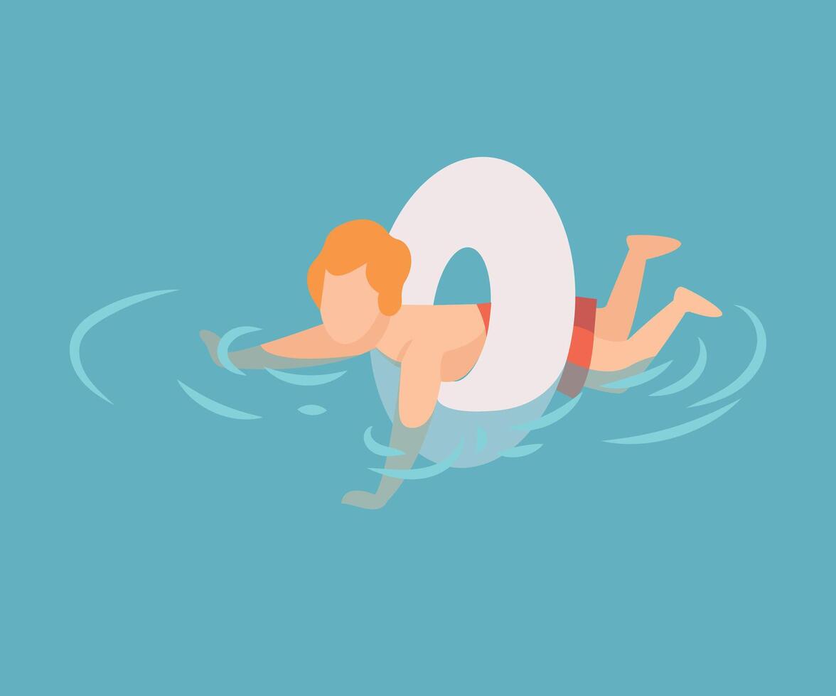 Cute Boy Swimming with Inflatable Lifebuoy, Kid Performing Summer Outdoor Water Activities at Summertime Illustration vector