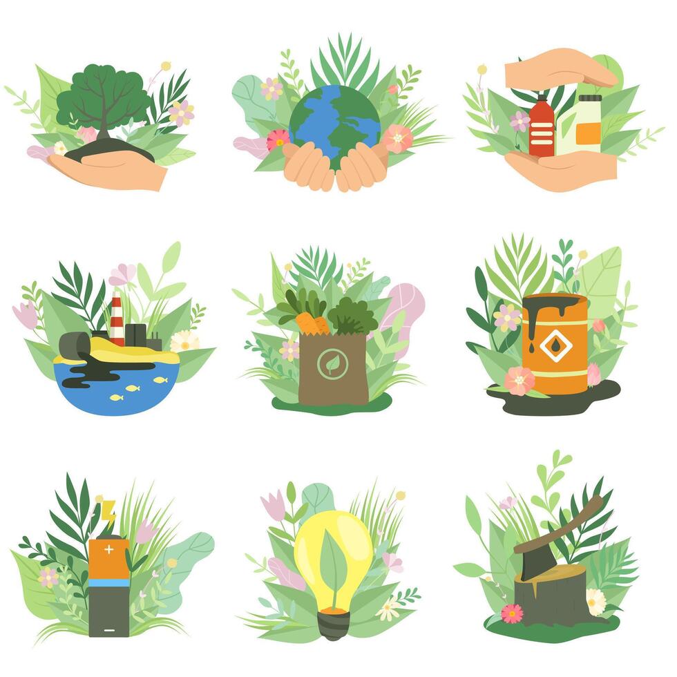 Ecological Environmental Problems and Alternative and Renewable Energy Resources Set, Ecology Concept Illustration vector