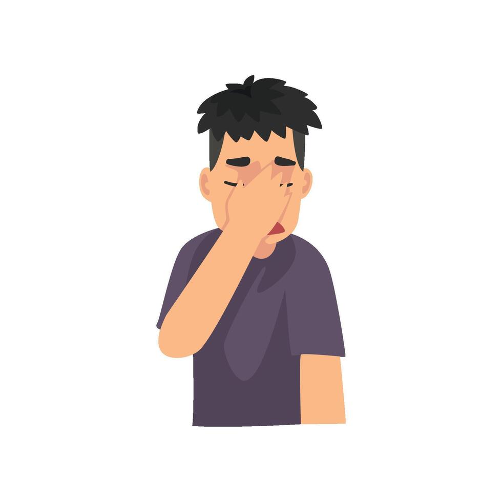 Young Man Covering Her Face with Hand, Guy Making Facepalm Gesture, Shame, Headache, Disappointment, Negative Emotion Illustration vector