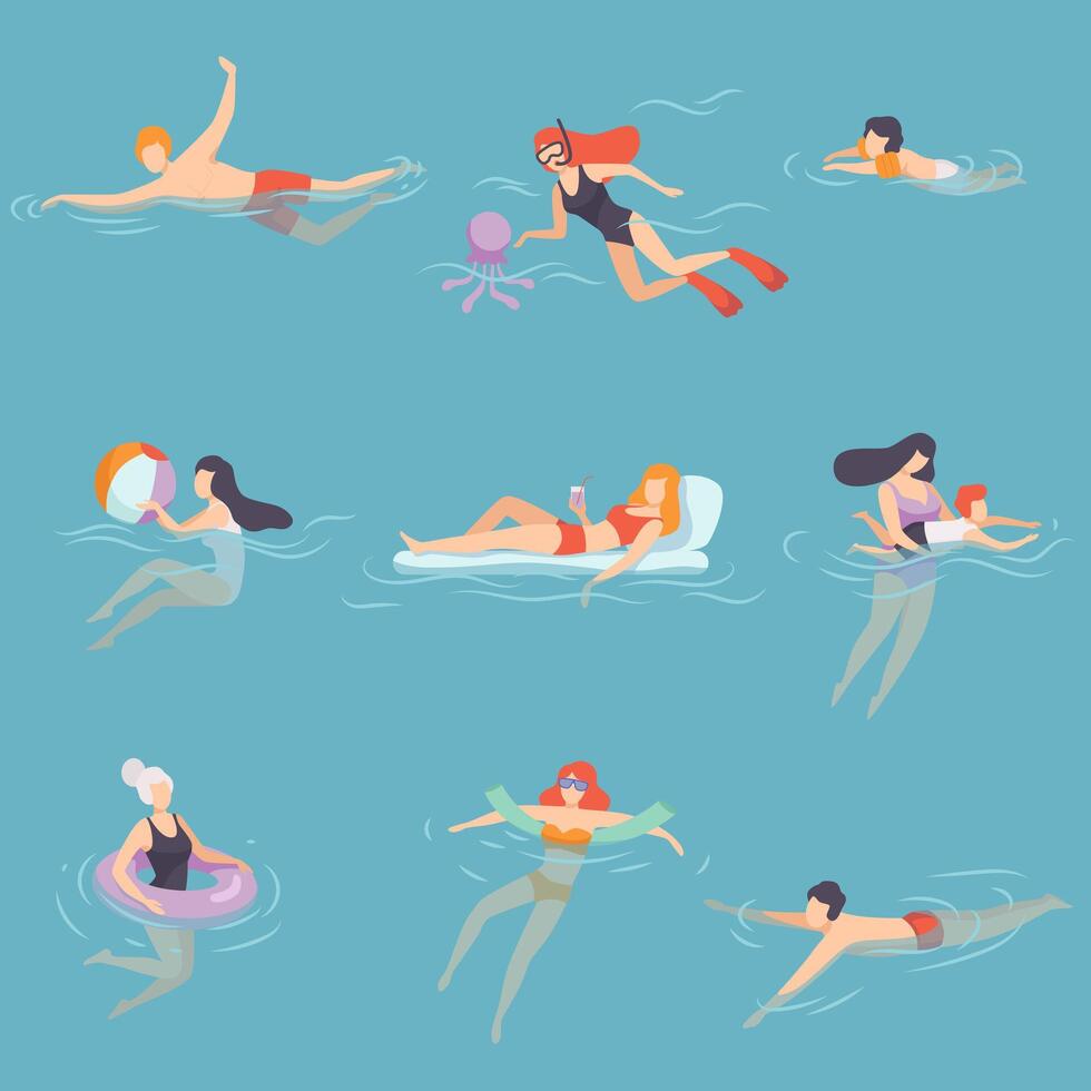 People Relaxing in the Sea, Ocean or Swimming Pool at Vacation Set, Summer Outdoor Activities Illustration vector