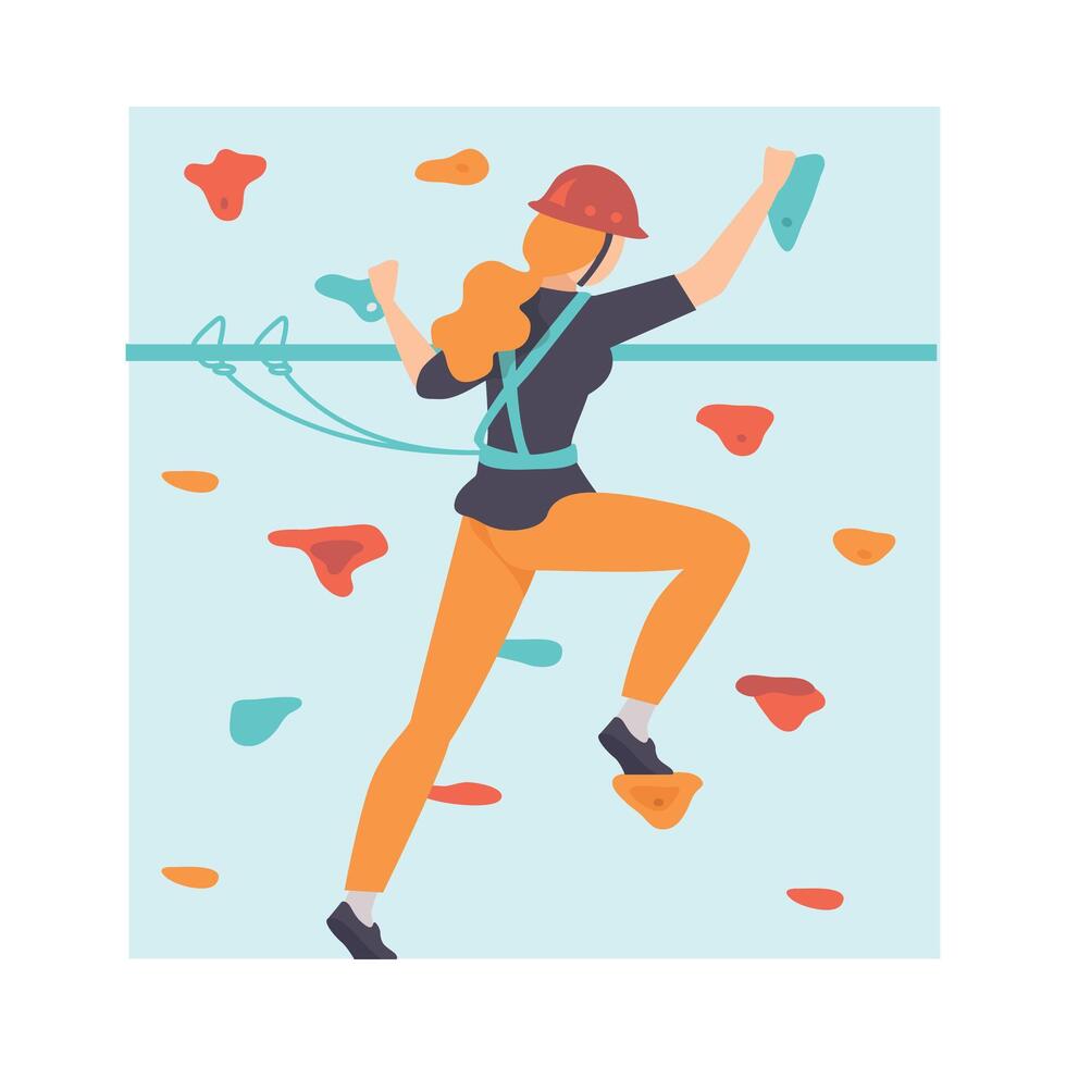 Young Woman Scaling Wall, Woman Climbing in Adventure Park, Hobby, Extreme Sports Illustration vector
