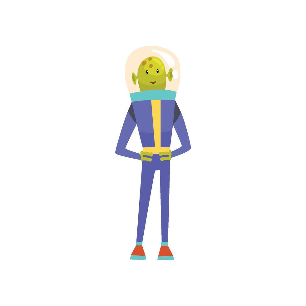 Cute Friendly Green Alien, Funny Smiling Humanoid Cartoon Character in Blue Space Suit and Helmet Illustration vector