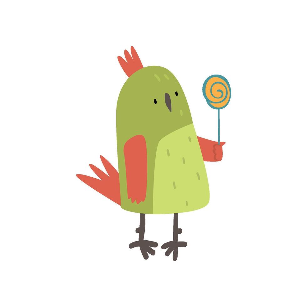Cute Bird with Lollipop, Funny Birdie Cartoon Character with Bright Green Feathers Illustration vector