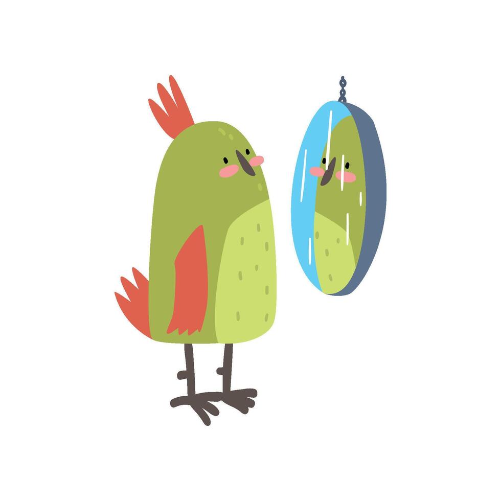 Cute Bird Lookig at Mirror, Funny Birdie Cartoon Character with Bright Green Feathers Illustration vector