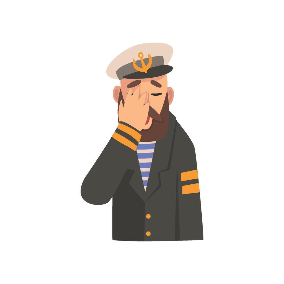 Bearded Man Covering His Face with Hand, Captaing Character in Blue Uniform Making Facepalm Gesture, Shame, Headache, Disappointment, Negative Emotion Illustration vector