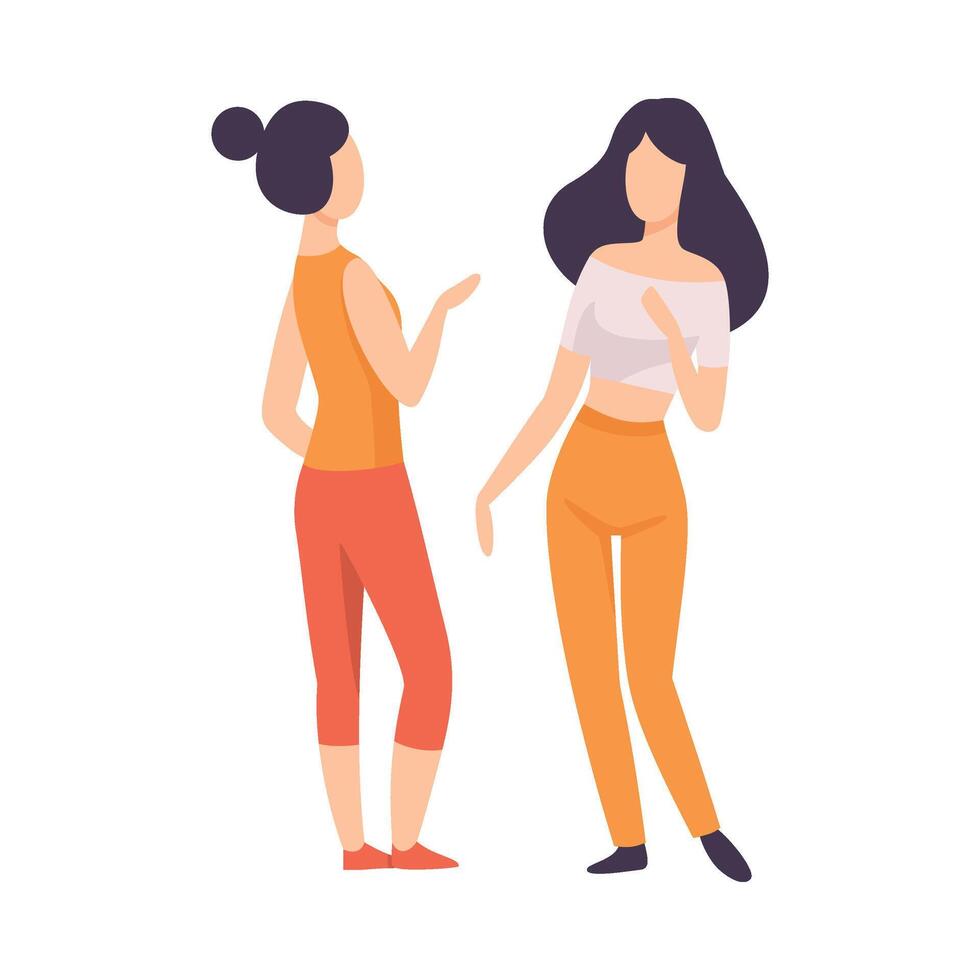 Two Young Women Dressed in Casual Clothing Standing and Talking, People Speaking to Each Other Illustration vector
