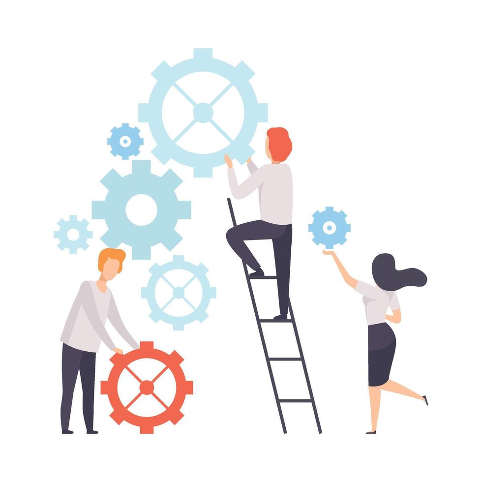 Business Team, Office Colleagues Constructing Mechanism, People Working Together in Company, Teamwork, Cooperation, Partnership Illustration vector