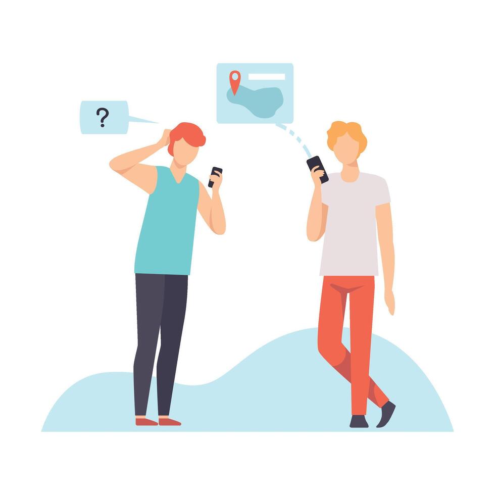 Two Young Men Communicating Using Smartphones, Guys Chatting Via Internet with Mobile Devices, Social Networking Illustration vector