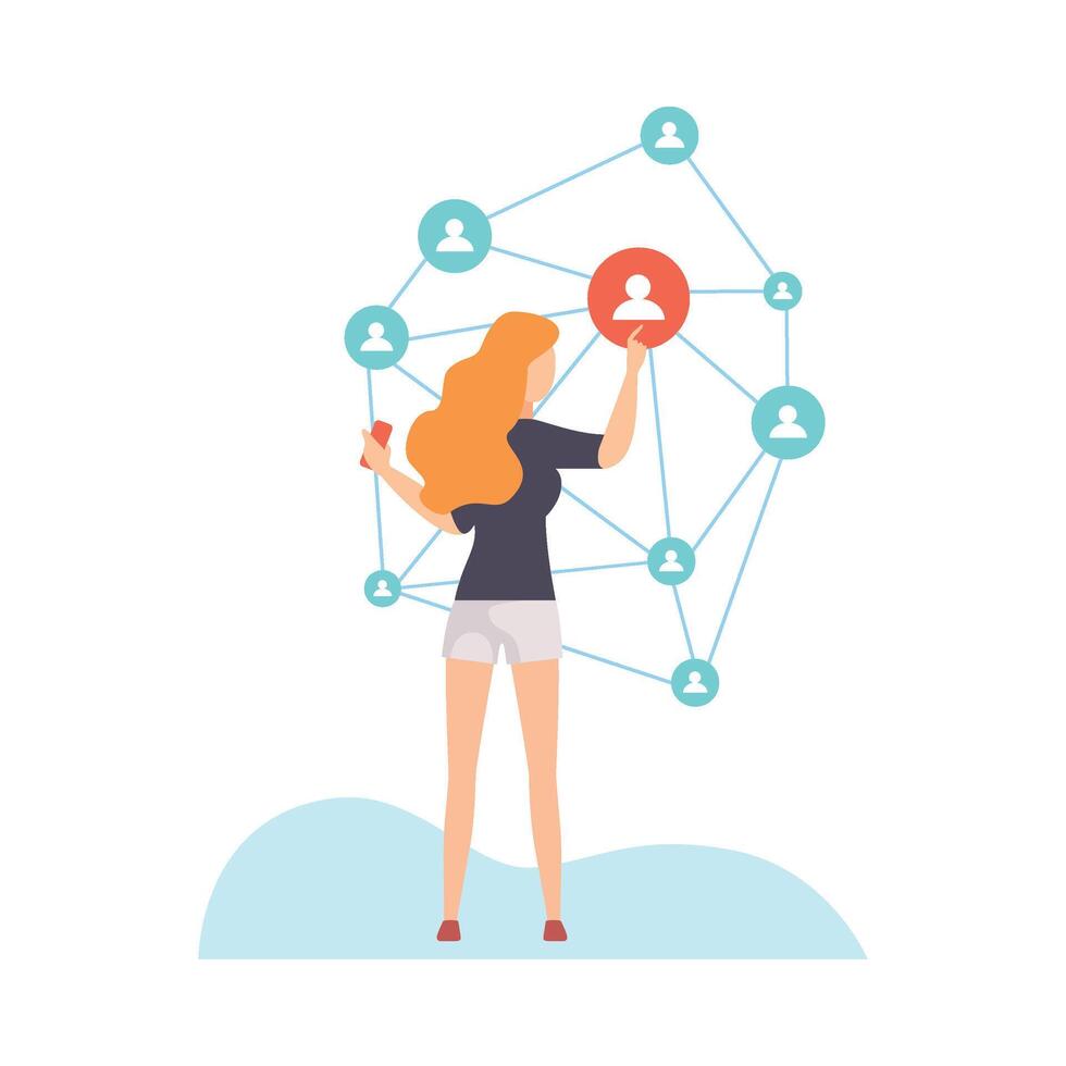 Girl Connecting All over the World, Young Woman Communicating Via Internet, Social Networking Illustration vector