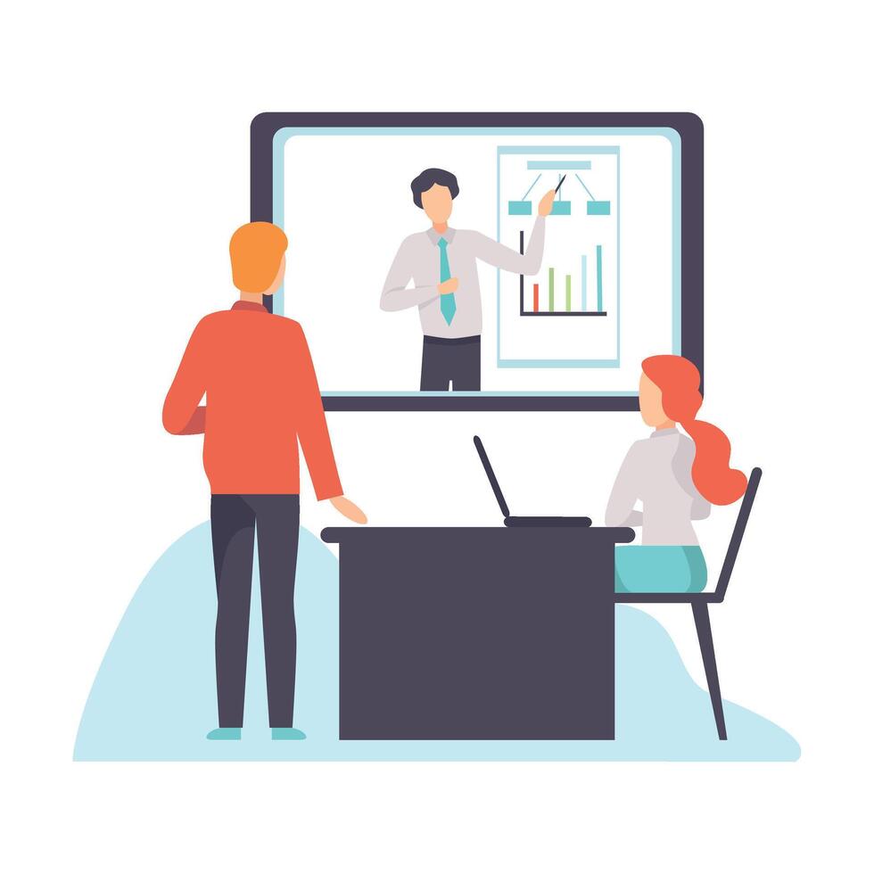 Online Business Meeting, Presentation, Professional Training, Webinar, People Communicating Via Internet Illustration vector