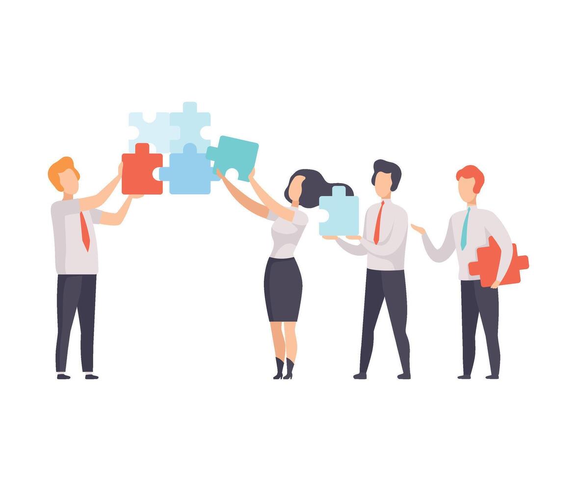 Business Team, Office Colleagues Connecting Puzzle Elements, People Working Together in Company, Teamwork, Cooperation, Partnership Illustration vector