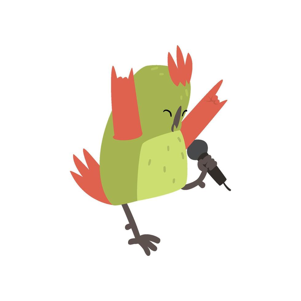 Cute Bird Singing with Microphone, Funny Birdie Cartoon Character with Bright Green Feathers Illustration vector